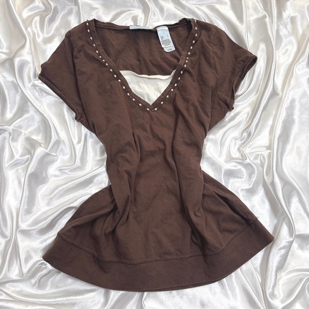 y2k JH Collectibles Top Brown Excellent Beaded V-Neck Layered Short Sleeve L
